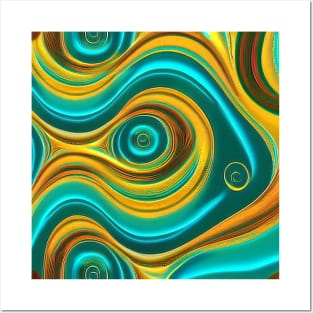 Abstract Turquoise and Gold Swirls Posters and Art